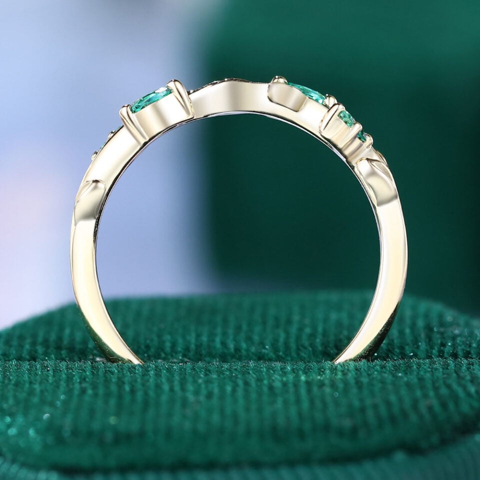Round & Marquise Cut Emerald Wedding Band Leaf Inspired Stacking Ring (7)
