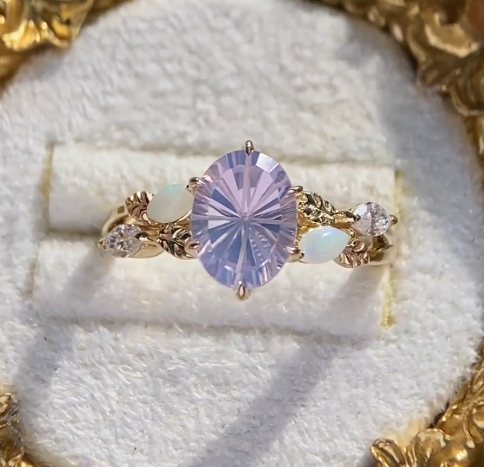Sunburst Cut Oval Lavender Amethyst Nature Inspired Engagement Ring with Leaf Accents