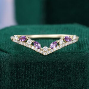 Vintage Amethyst Tiara Curved Wedding Band Unique Stacking Anniversary Ring