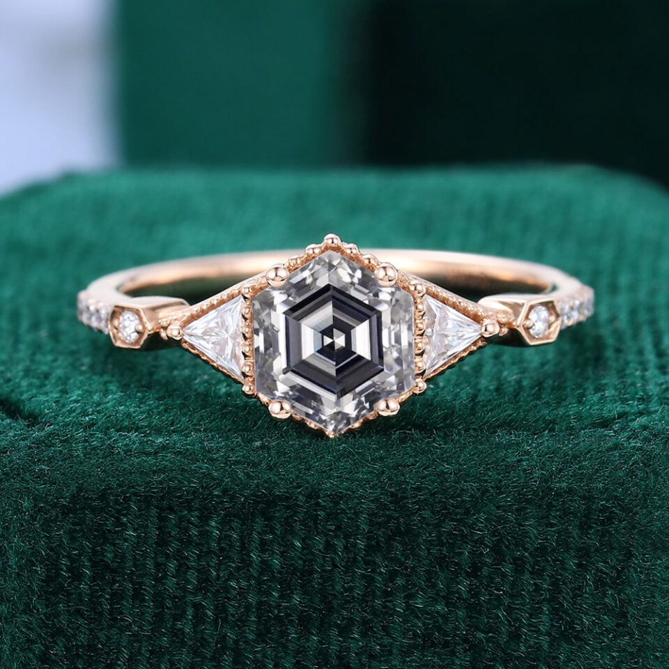 Vintage Inspired Hexagon Cut Gray Moissanite Engagement Ring With Milgrain Accents