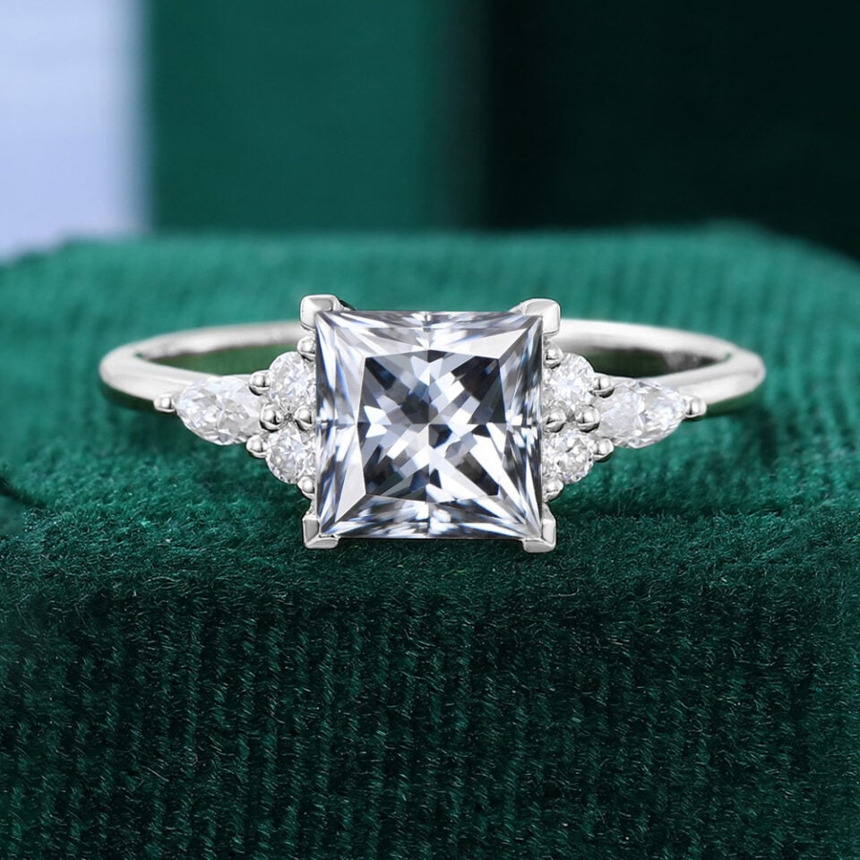 Classic Cluster | Vintage Inspired Princess Cut Gray Moissanite Engagement Ring