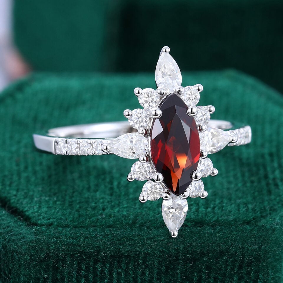 Vintage Marquise Cut Garnet Sunburst Halo Engagement Ring (3)