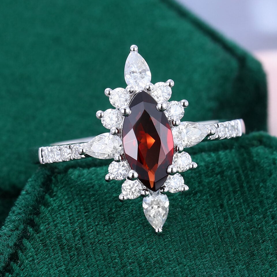 Vintage Marquise Cut Garnet Sunburst Halo Engagement Ring (4)