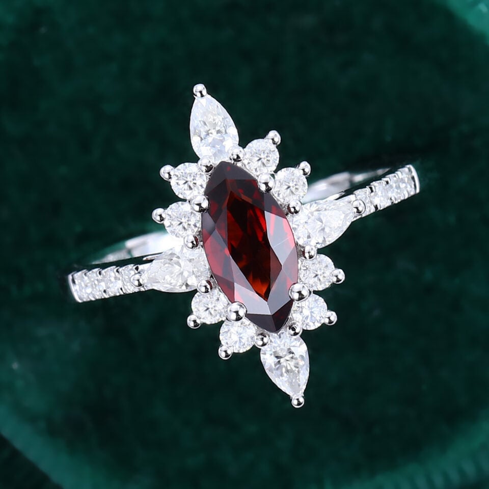Vintage Marquise Cut Garnet Sunburst Halo Engagement Ring (6)