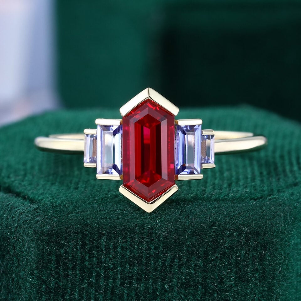 Art Deco Long Hexagon Cut Ruby Engagement Ring With Baguette Tanzanite Accents