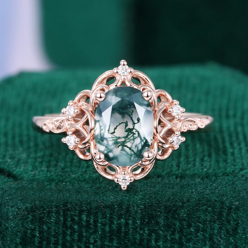 Crescent Inspired Oval Cut Moss Agate Filigree Engagement Ring With Diamond Accents