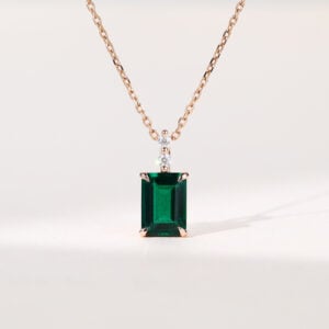 Emerald Cut Emerald Pendant Necklace With Diamond Accents