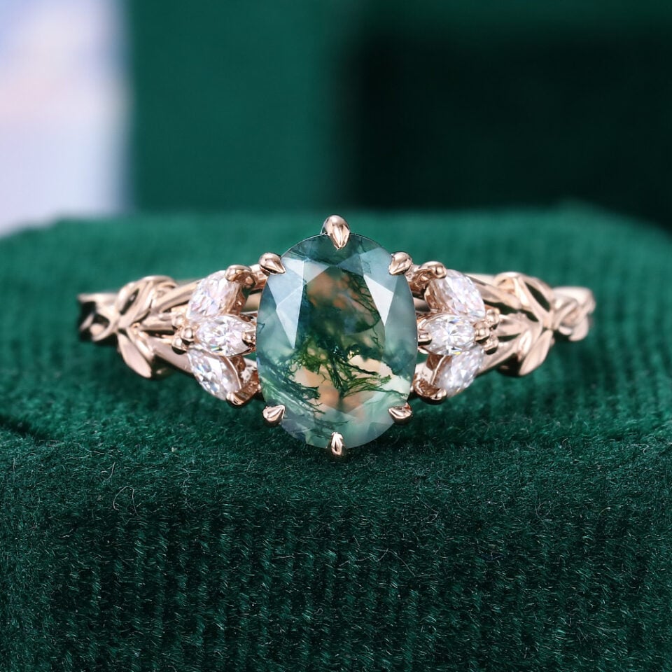 Floral Inspired Oval Cut Moss Agate Engagement Ring With Tulip Accents