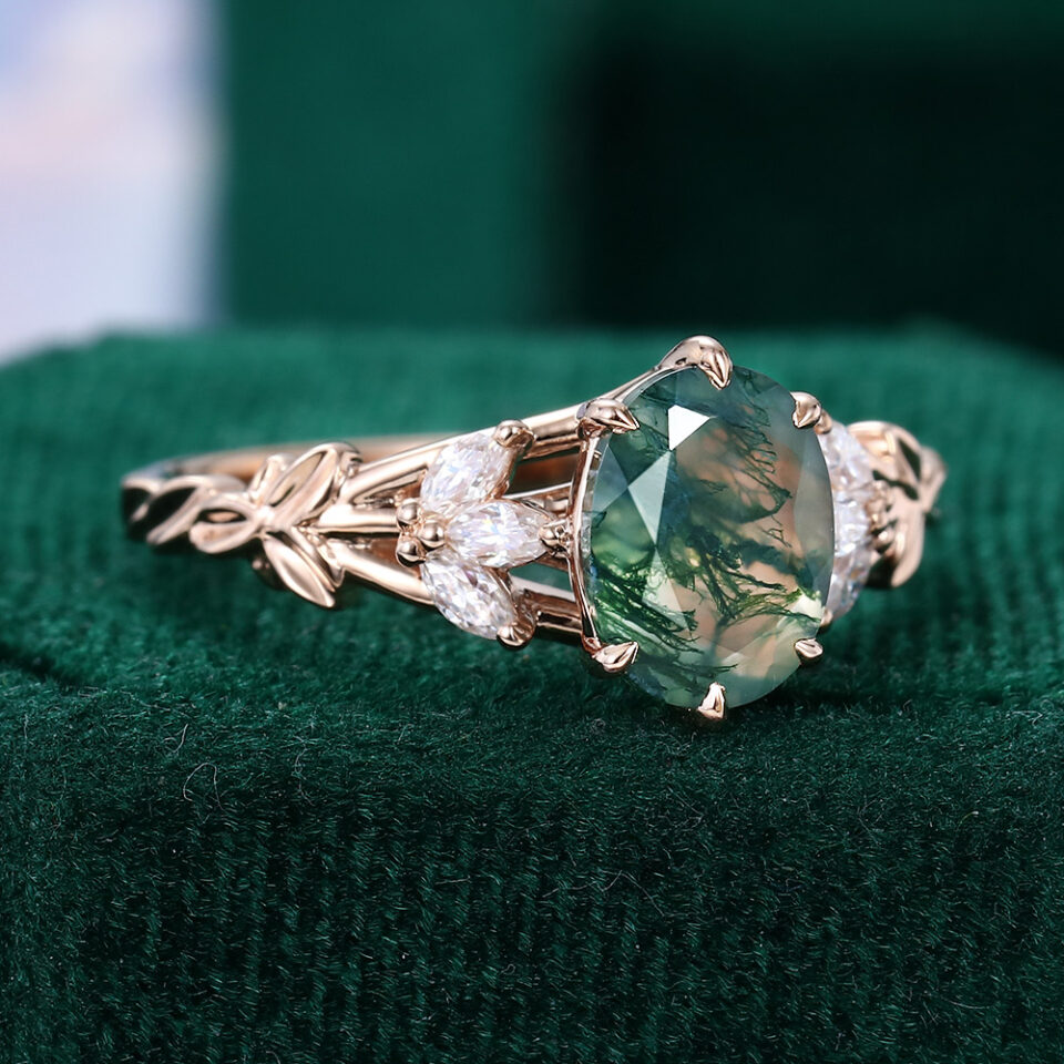 Floral Inspired Oval Cut Moss Agate Engagement Ring With Tulip Accents (6)