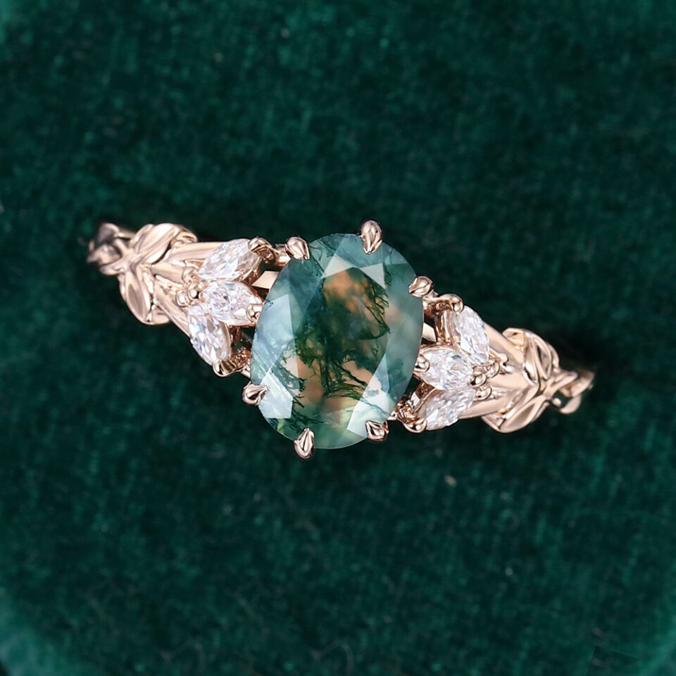 Floral Inspired Oval Cut Moss Agate Engagement Ring With Tulip Accents (8)