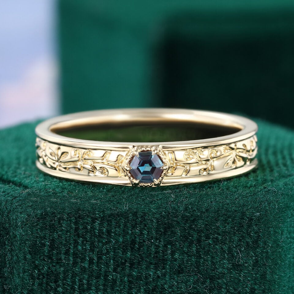 Hexagon Cut Alexandrite Vine Engraved Gender Neutral Wedding Band Promise Ring for Him