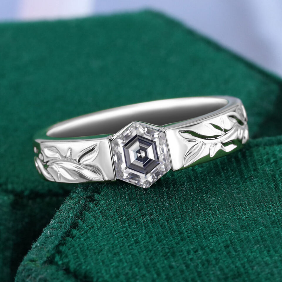 Hexagon cut gray moissanite leaf etched gender neutral wedding band