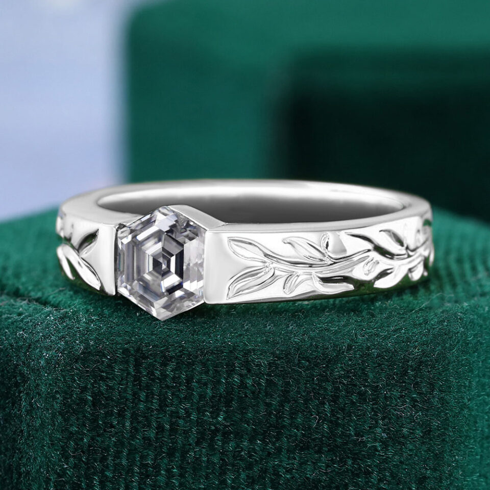 Hexagon Cut Gray Moissanite Leaf-Etched Gender Neutral Wedding Band (7)