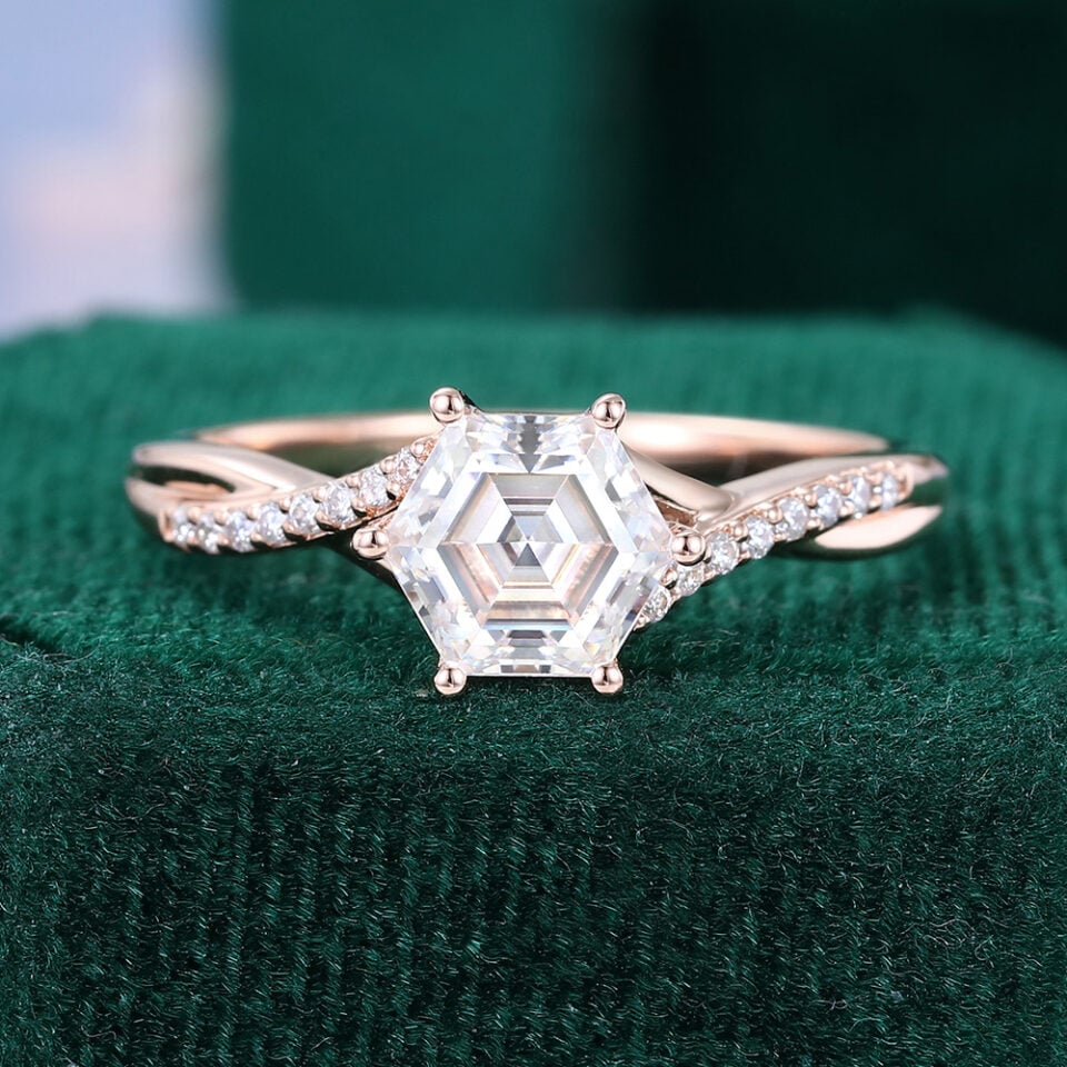 Hexagon Cut Moissanite Pavé Engagement Ring With Crossover Shank