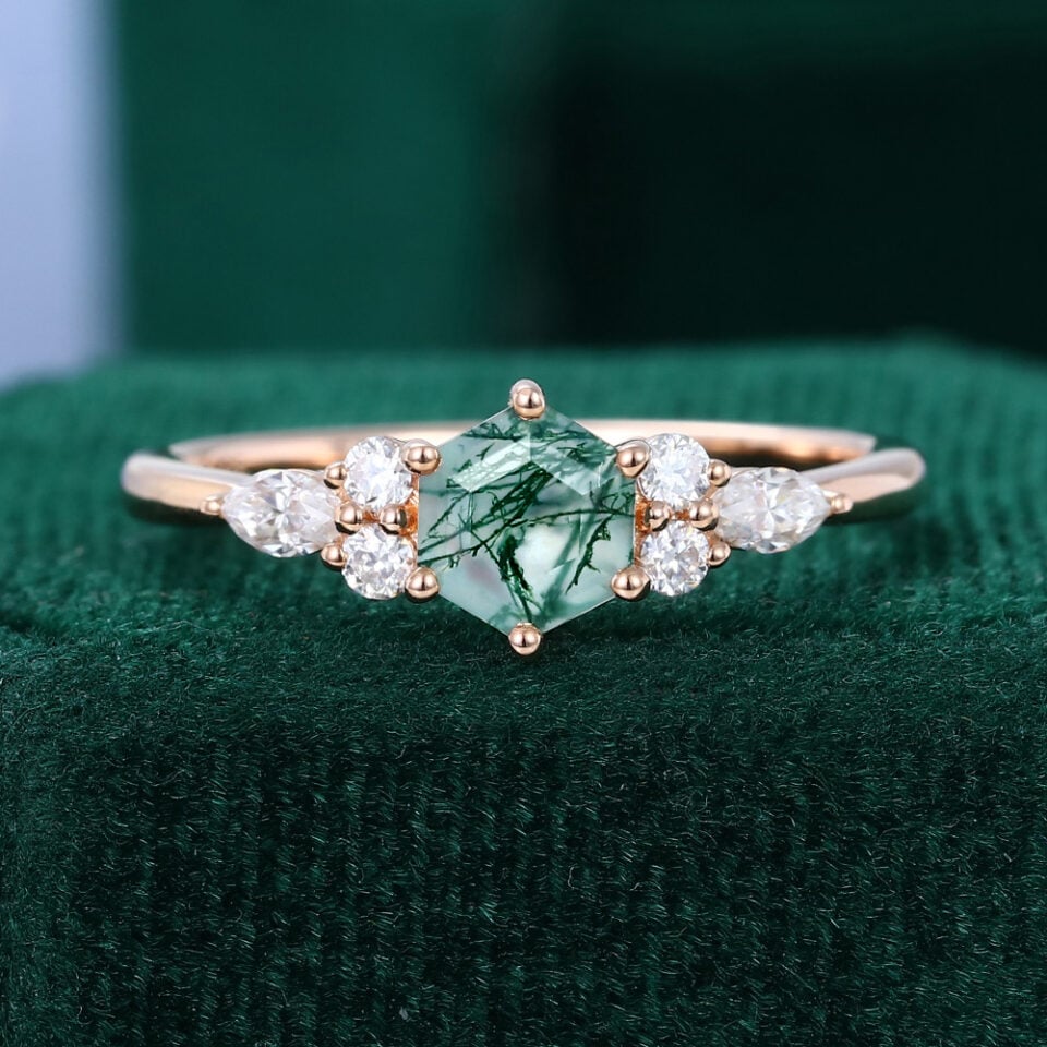 Classic Cluster | Hexagon Cut Moss Agate Promise Ring With Moissanite Accents