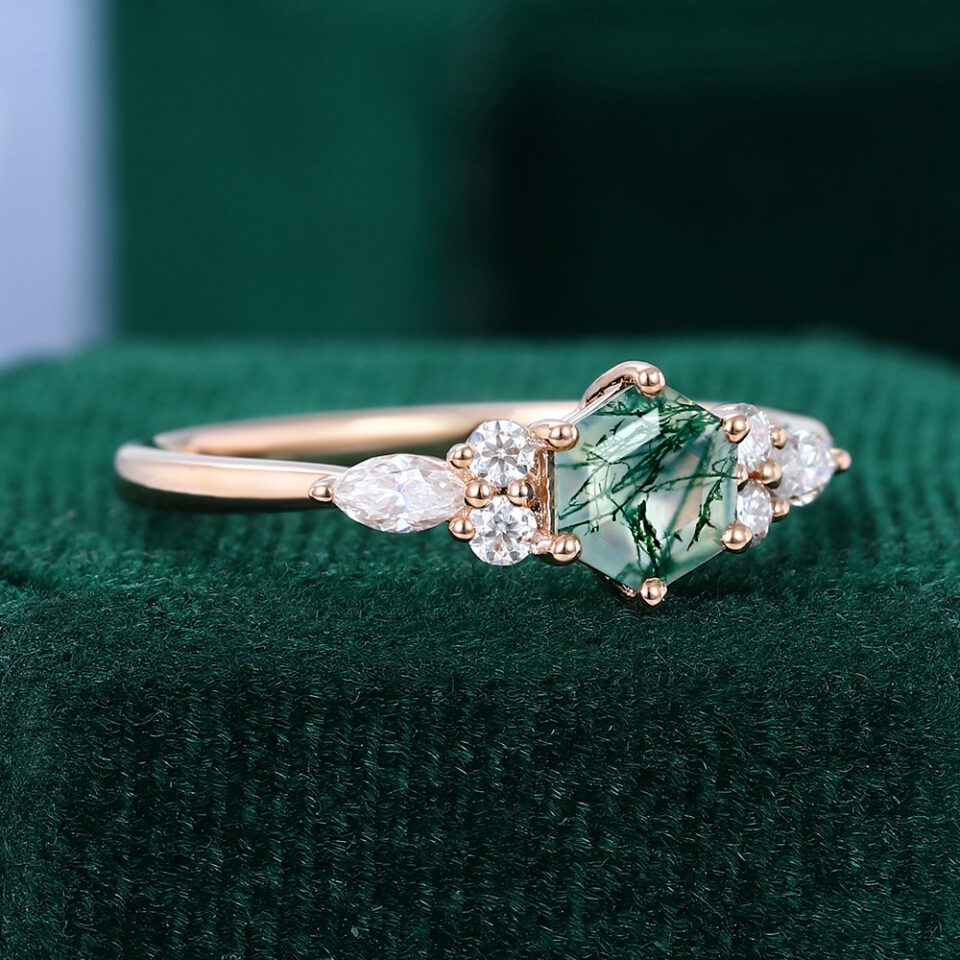 Hexagon Cut Moss Agate Engagement Ring With Moissanite Accents (7)