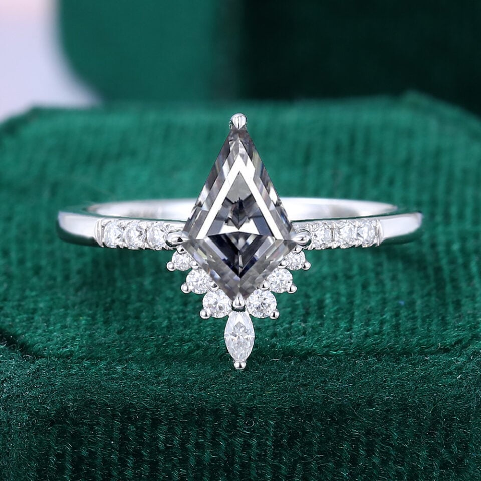 Kite Cut Gray Moissanite Engagement Ring With Tapered Cluster Accents