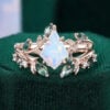 Kite Cut Lab Opal Bridal Ring Set 2PCS Nature Inspired Leaf Ring Set