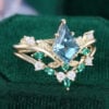 Kite Cut Lab Teal Sapphire Bridal Ring Set Nature Inspired Engagement Ring Set (2)