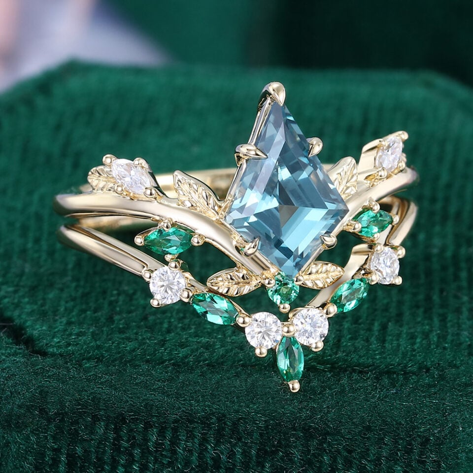 Kite Cut Lab Teal Sapphire Bridal Ring Set Nature Inspired Engagement Ring Set (2)