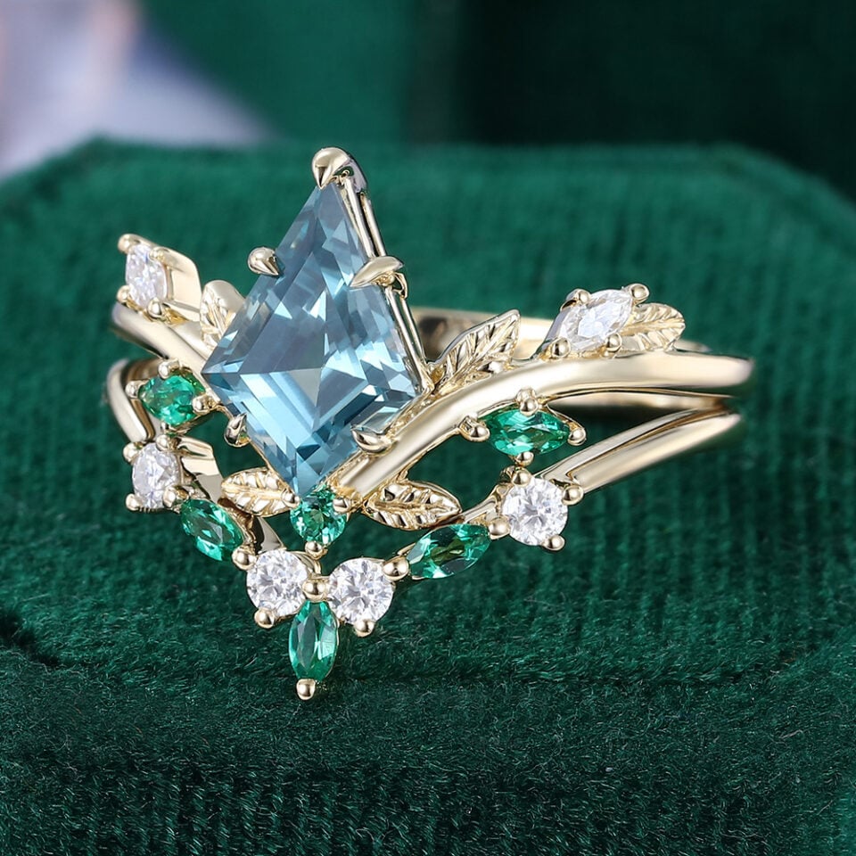Kite Cut Lab Teal Sapphire Bridal Ring Set Nature Inspired Engagement Ring Set (3)