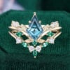 Kite Cut Lab Teal Sapphire Leafy Bridal Ring Set