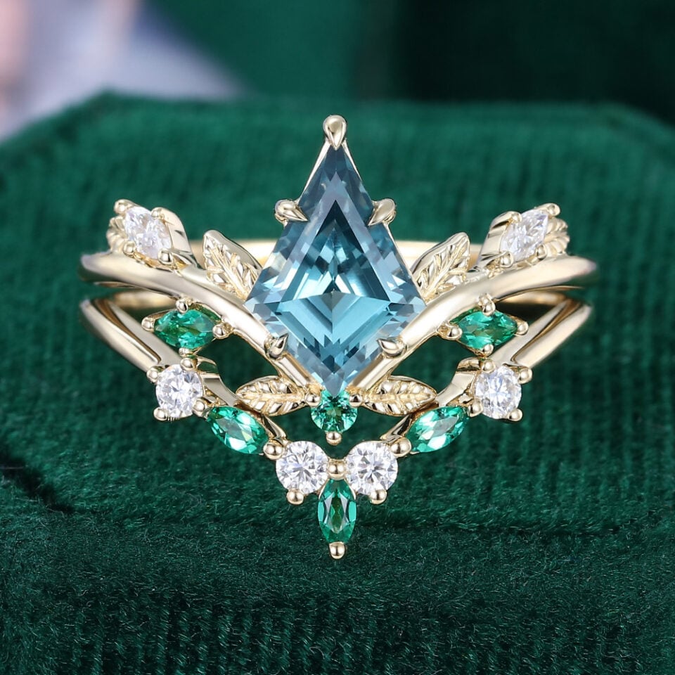 Kite Cut Lab Teal Sapphire Leafy Bridal Ring Set Nature Inspired Engagement Ring Set