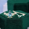 Kite Cut Lab Teal Sapphire Bridal Ring Set Nature Inspired Engagement Ring Set (6)