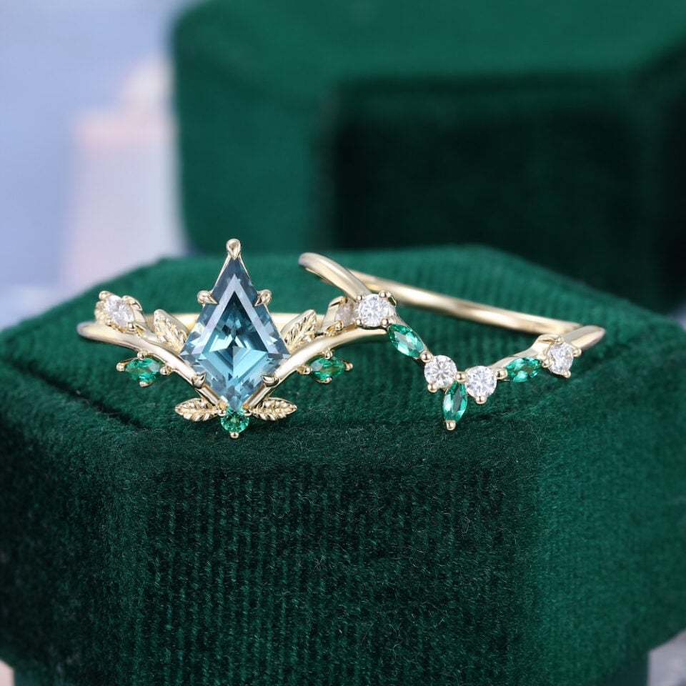 Kite Cut Lab Teal Sapphire Bridal Ring Set Nature Inspired Engagement Ring Set (6)