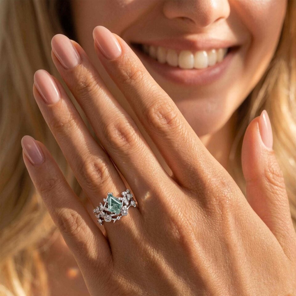 Kite Cut Moss Agate Bridal Ring Set Garden Themed Rose Accented Wedding Ring Set (1)