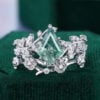 Kite Cut Moss Agate Bridal Ring Set Garden Themed Rose Accented Wedding Ring Set