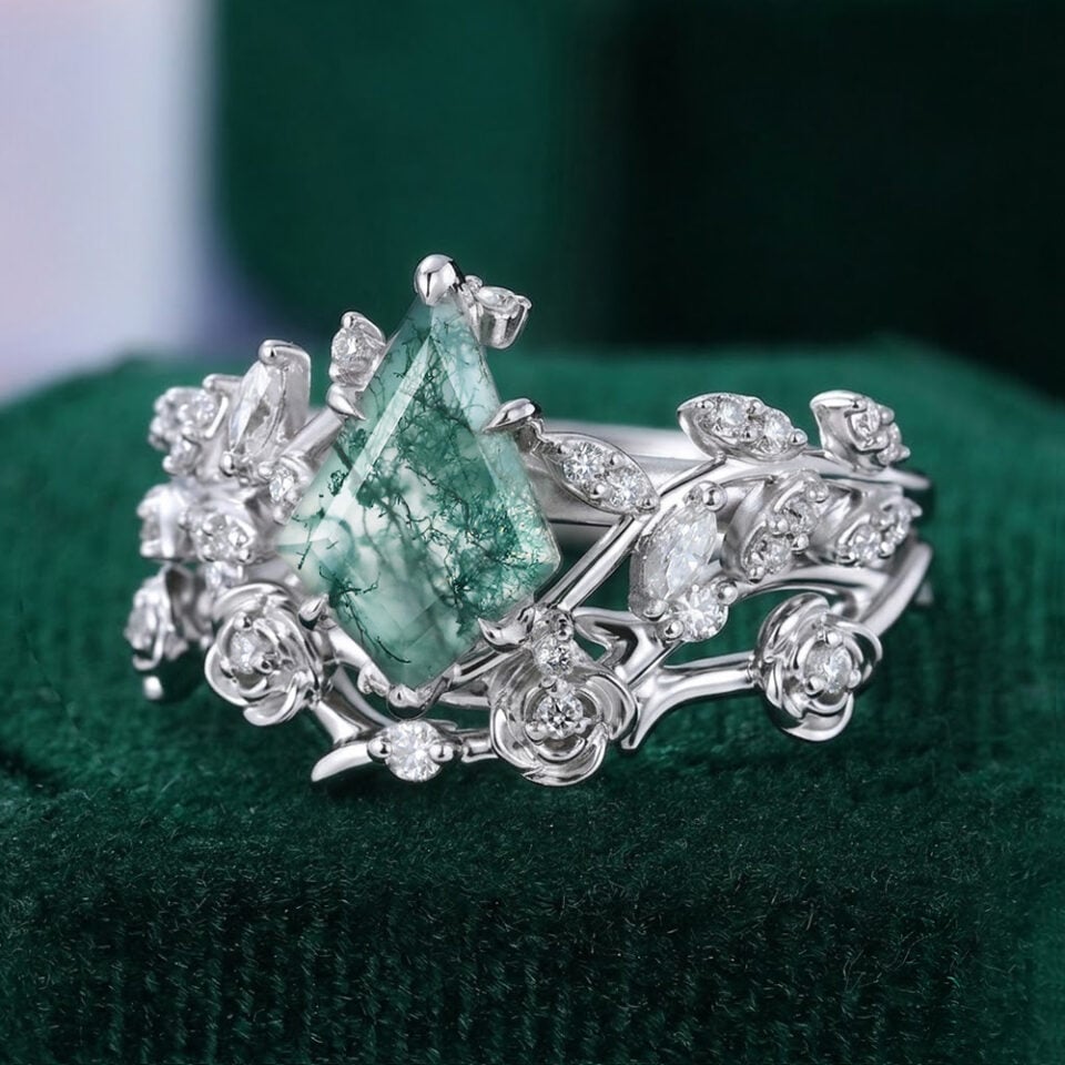 Kite Cut Moss Agate Bridal Ring Set Garden Themed Rose Accented Wedding Ring Set (2)
