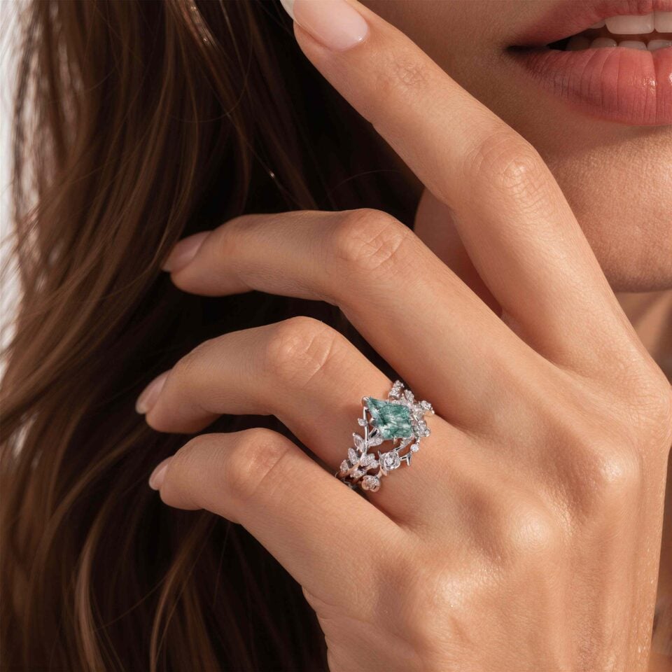 Kite Cut Moss Agate Bridal Ring Set Garden Themed Rose Accented Wedding Ring Set (3)
