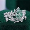 Kite Cut Moss Agate Bridal Ring Set Garden Themed Rose Accented Wedding Ring Set (3)