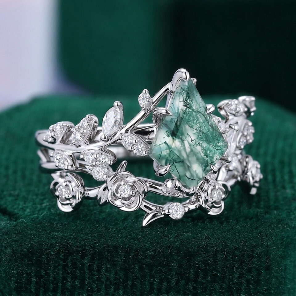 Kite Cut Moss Agate Bridal Ring Set Garden Themed Rose Accented Wedding Ring Set (3)
