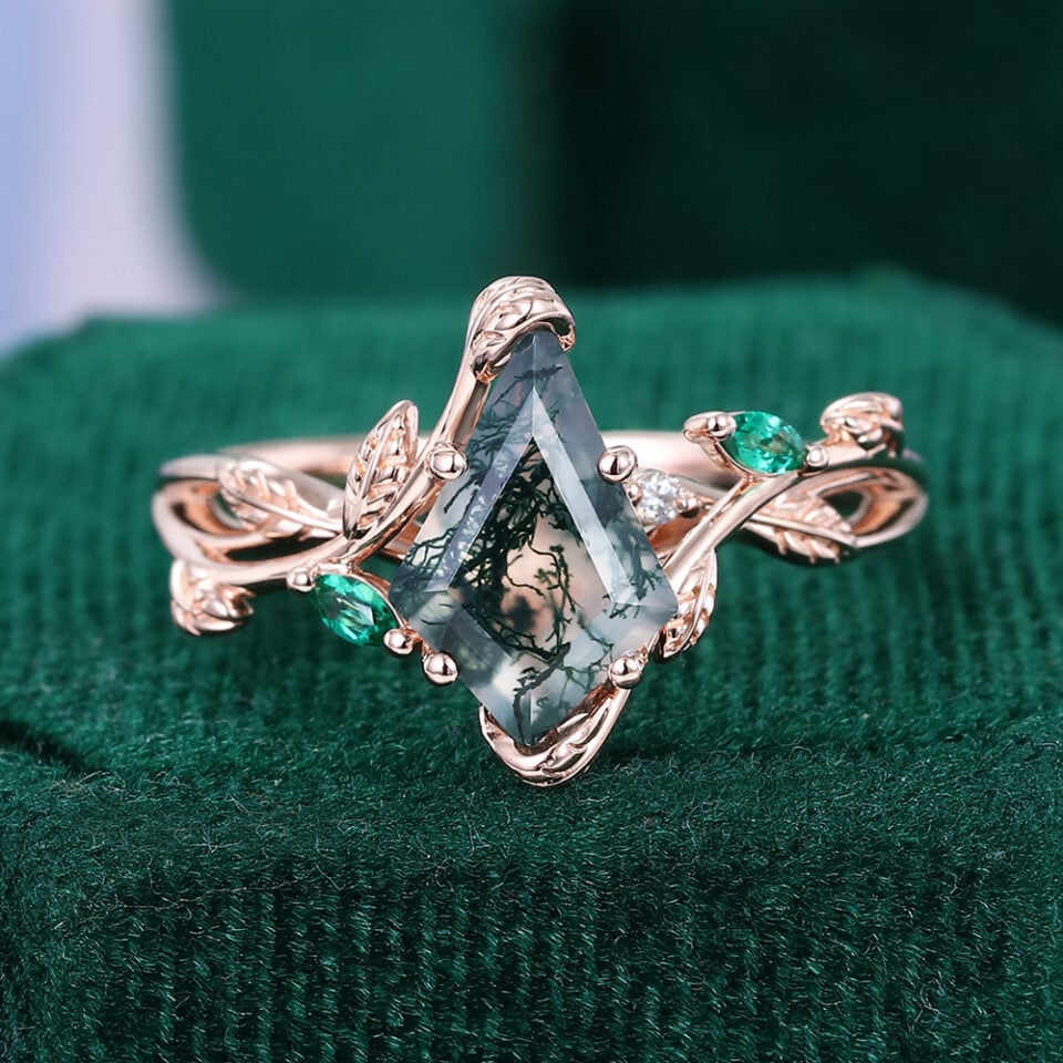 Kite Cut Moss Agate Engagement Ring With Emerald & Diamond Accents