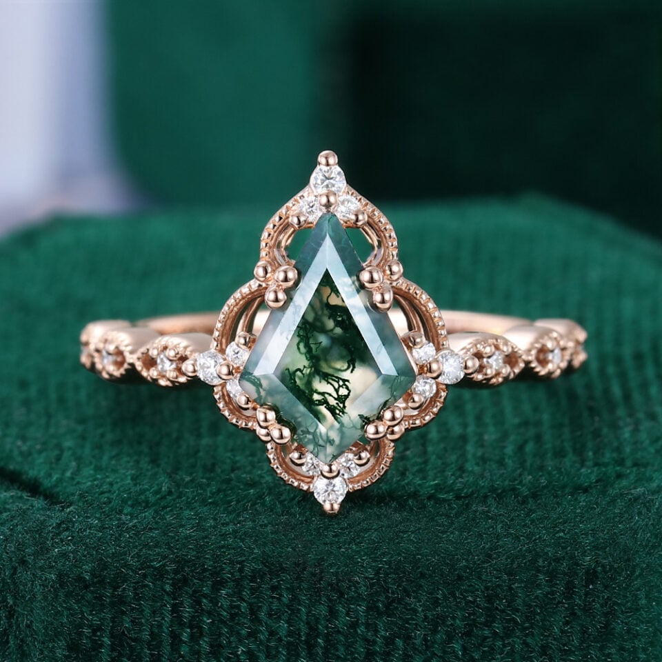 Filigree Floral Halo | Kite Cut Moss Agate Engagement Ring With Milgrain Accents
