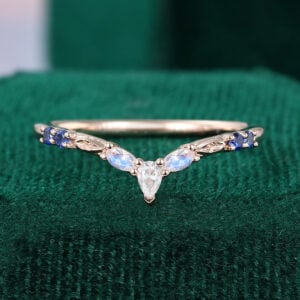 Leaf Accented Curved Wedding Band Unique Muti-Gems Stackable Matching Ring