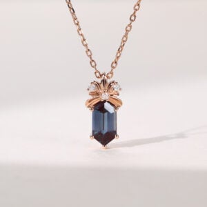 Long Hexagon Cut Alexandrite Pendant Necklace With Floral Diamond Accents
