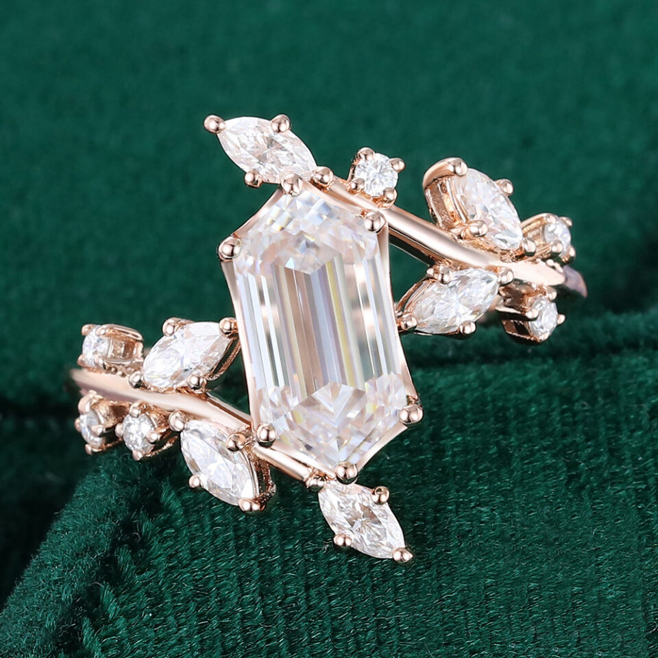 Long Hexagon Cut Moissanite Engagement Ring With Unique Bypass Shank (3)