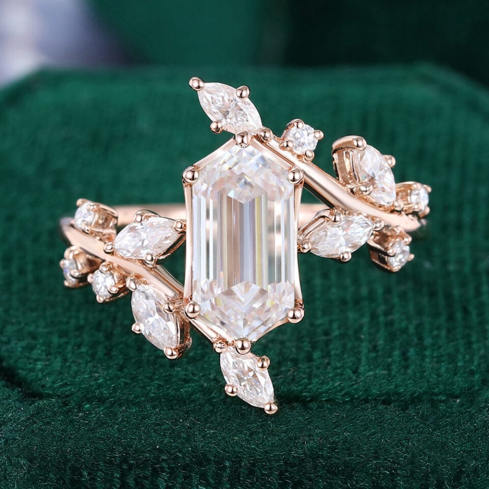TwigLine | Long Hexagon Cut Moissanite Engagement Ring With Unique Bypass Shank