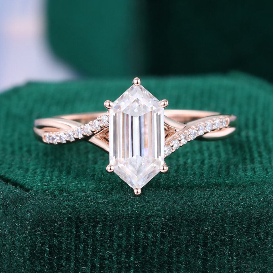 Long Hexagon Cut Moissanite Pavé Engagement Ring With Unique Crossover Shank
