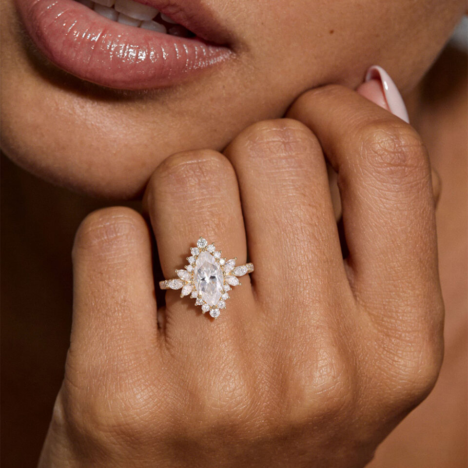 Marquise Cut Moissanite Halo Engagement Ring with Hidden Detail
