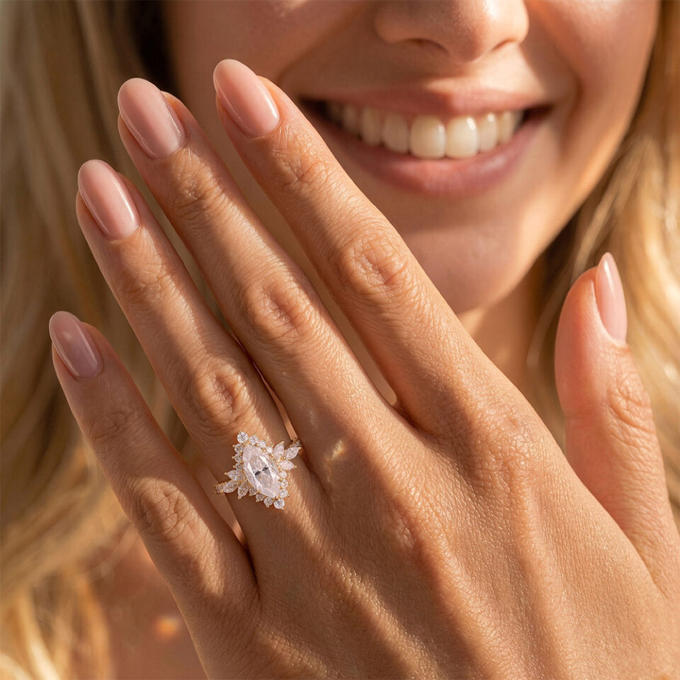 Marquise Cut Moissanite Halo Engagement Ring with Hidden Detail