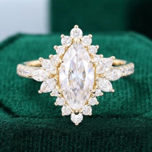 Marquise Cut Moissanite Halo Engagement Ring with Hidden Detail