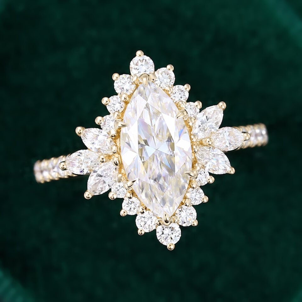 Marquise Cut Moissanite Halo Engagement Ring with Hidden Golden Snitch