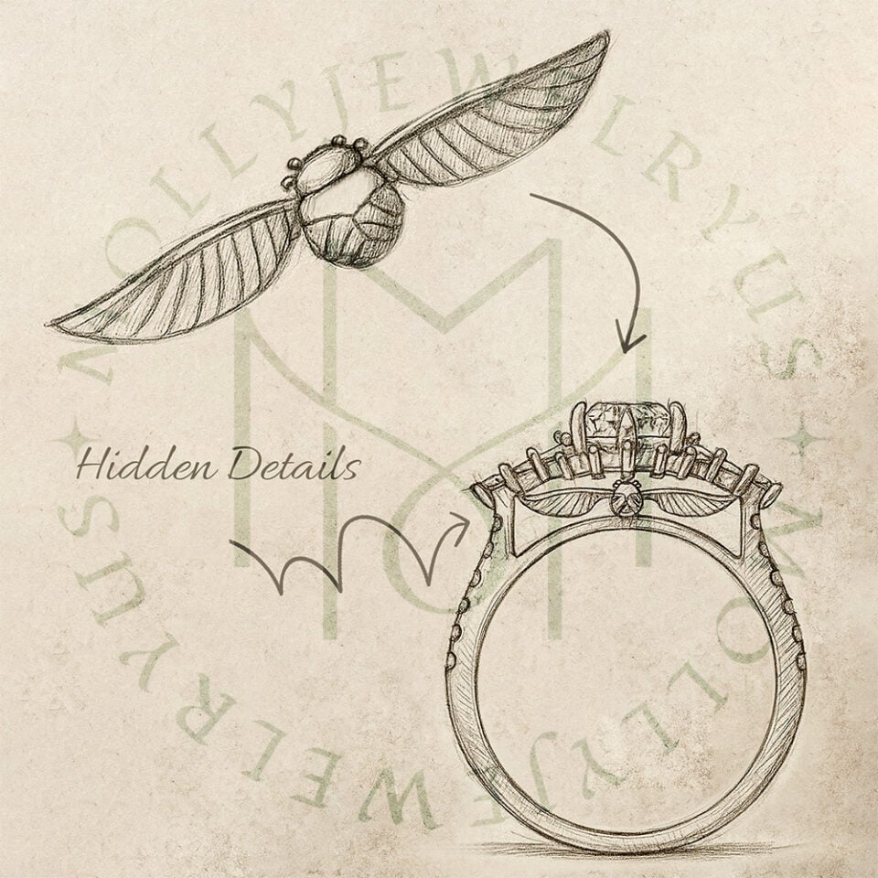 Marquise Cut Moissanite Halo Engagement Ring with Hidden Golden Snitch