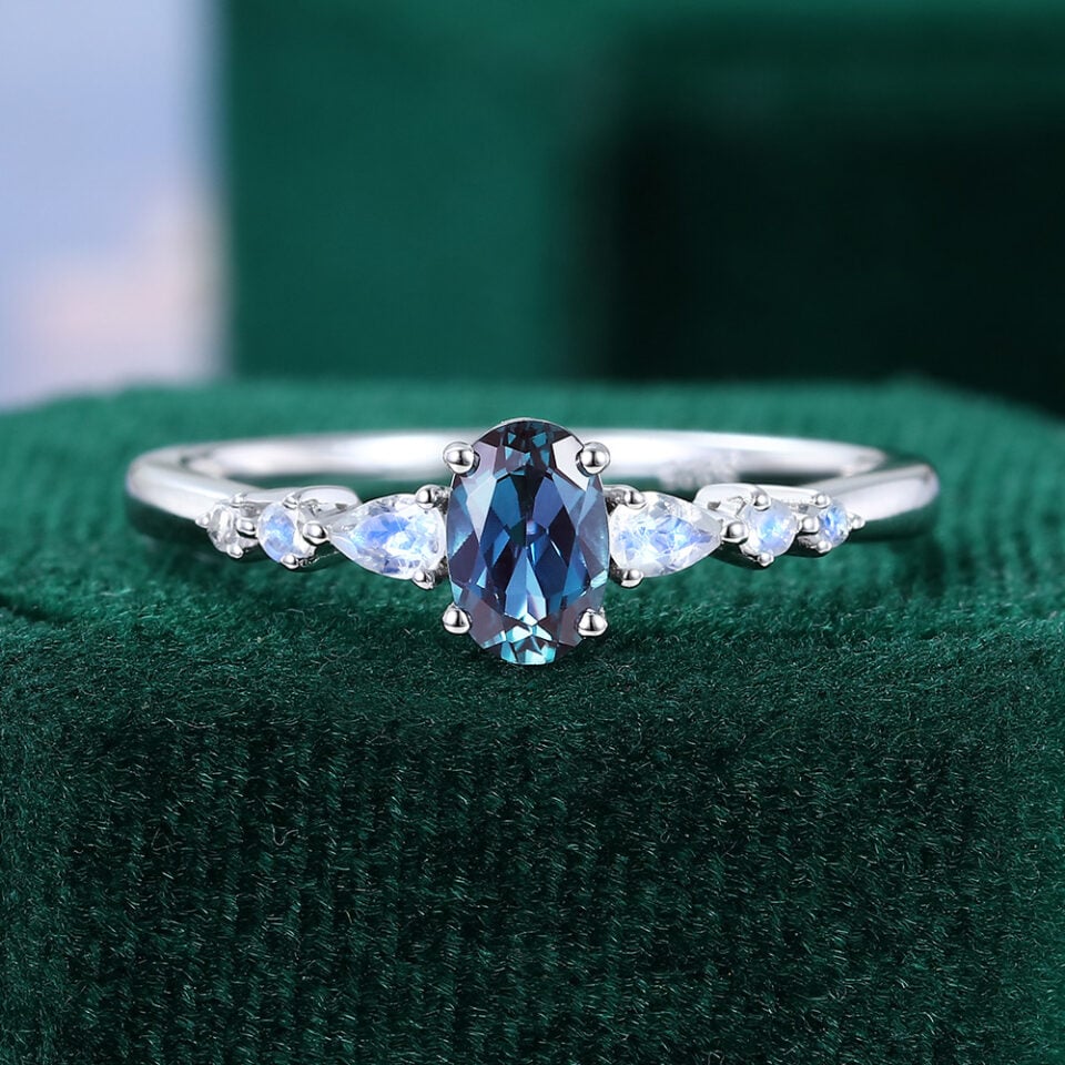 Tapered Line | Oval Cut Alexandrite Dainty Engagement Ring with Moonstone Accents