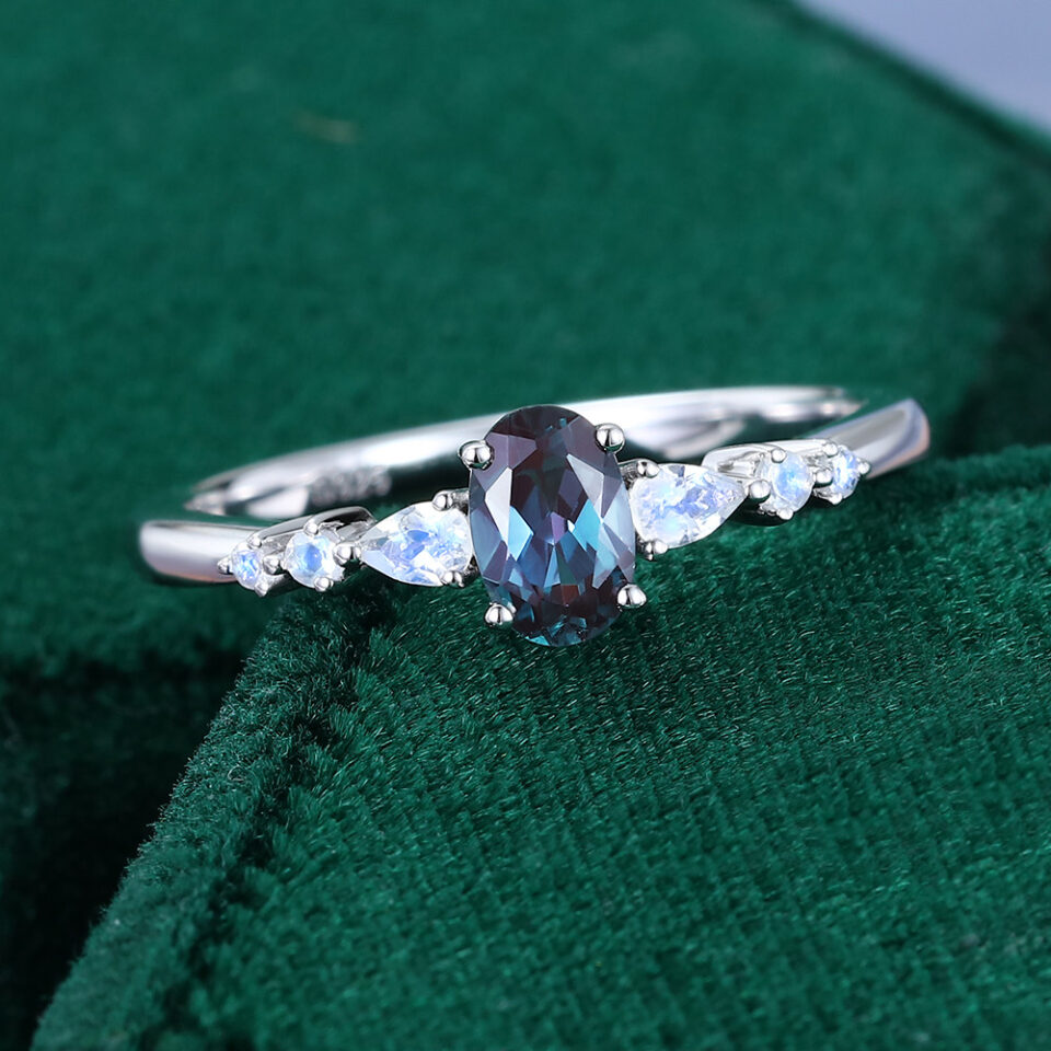 White Gold Alexandrite & Moonstone Engagement Ring
