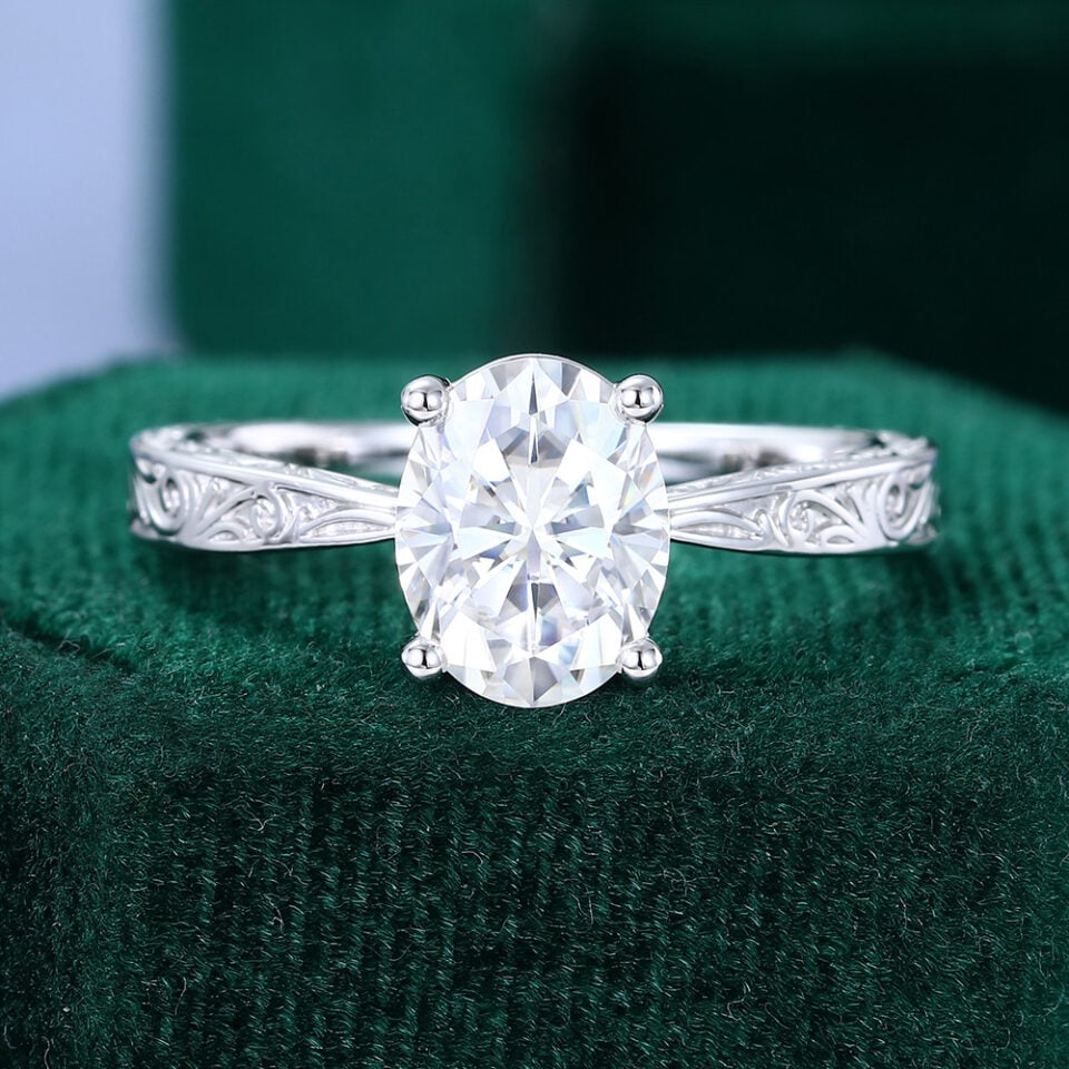 2CT Oval Cut Moissanite Solitaire Engagement Ring With Scroll Engraved Band
